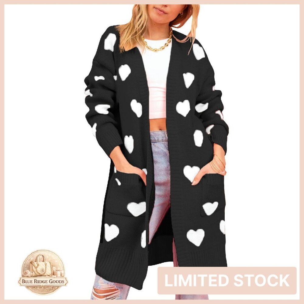 Cute Heart Print Long Cardigan V Neck Ribbed Knit Open Front Sweater Coat